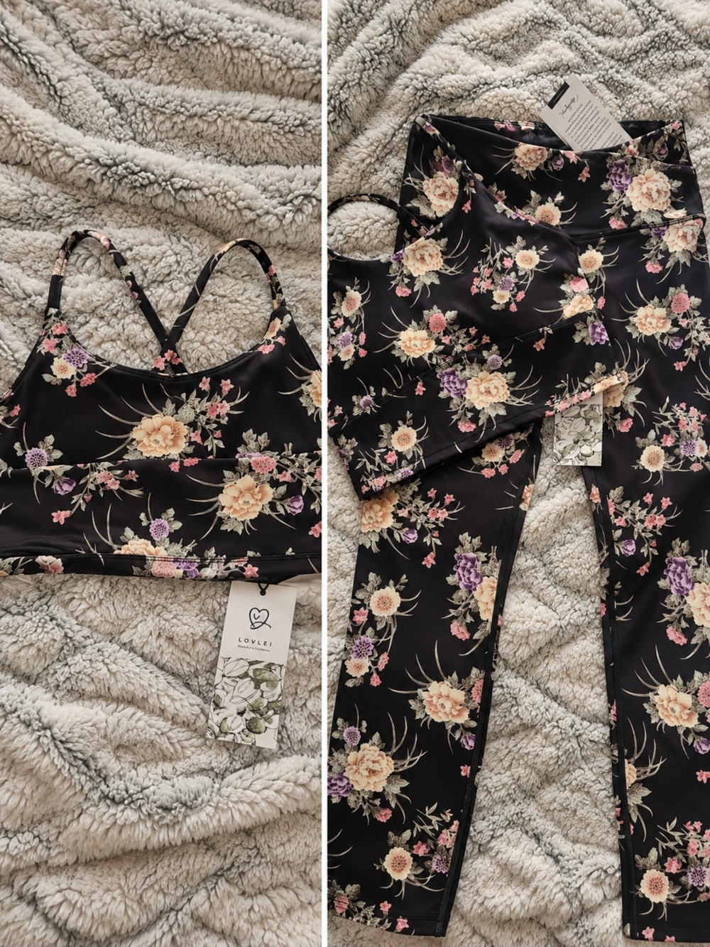 Floral V-Neck Sports Bra and Leggings Set - Black